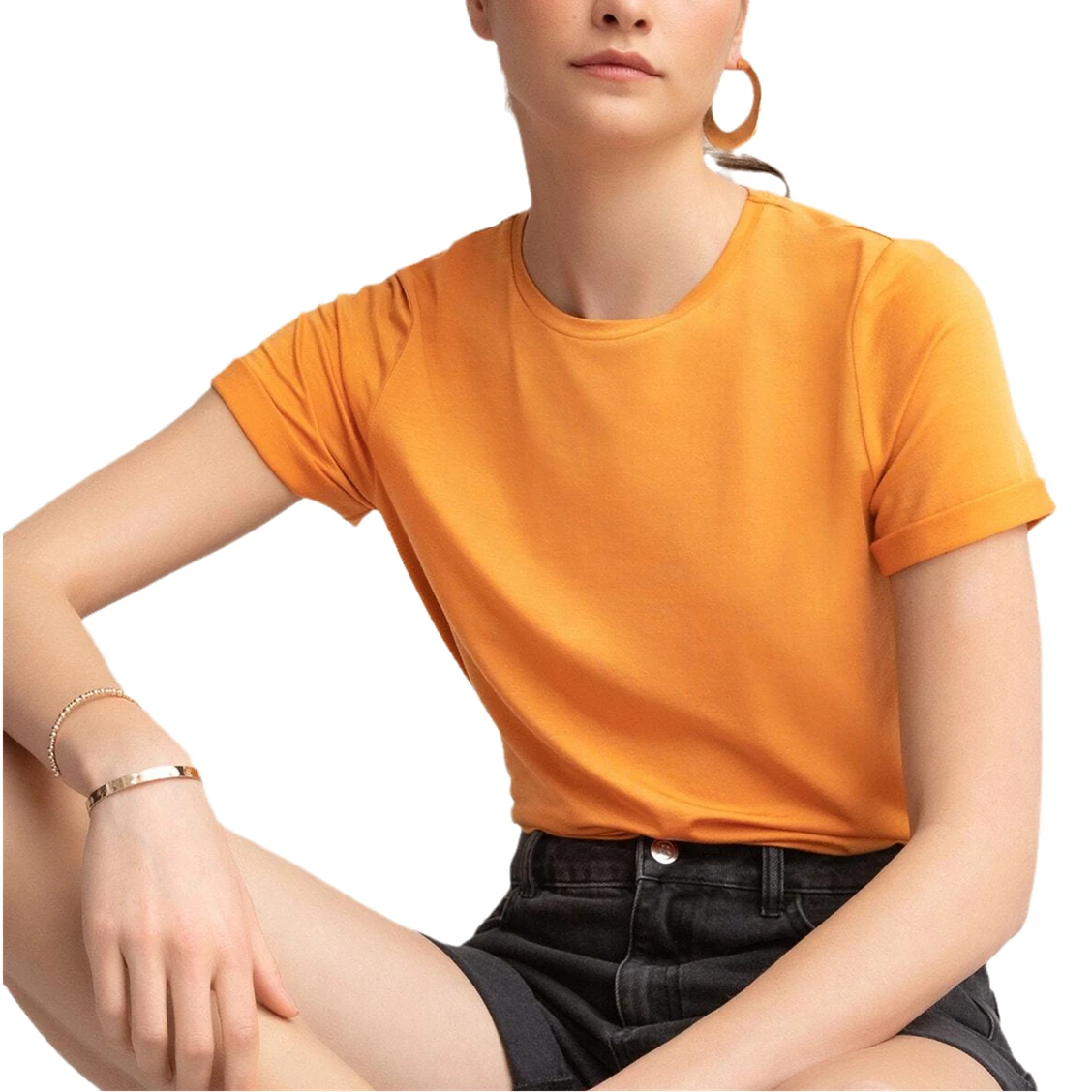 

Basic Color Orange Casual Cotton T-Shirt With Crew Neck Summer Boutique Tops Shirt