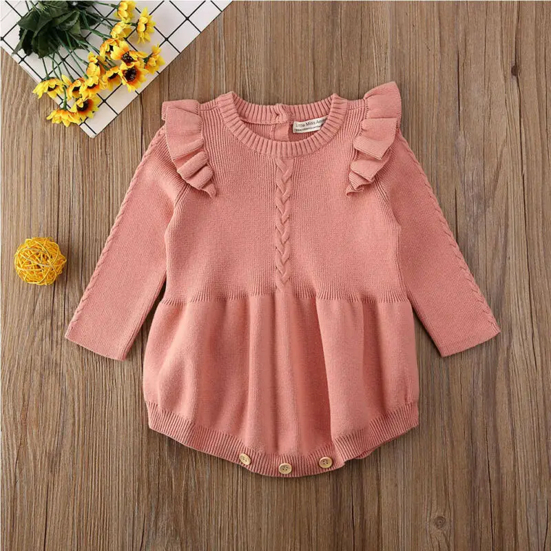 Infant Newborn Baby Girls Playsuit Knitted Spring 0-3Y Autumn Clothing Long Sleeve Solid Ruffled Jumpsuit Outfit | Детская одежда и