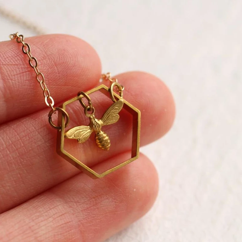 Геометрическое шестигранное позолоченное ожерелье в виде пчелы для женщин
