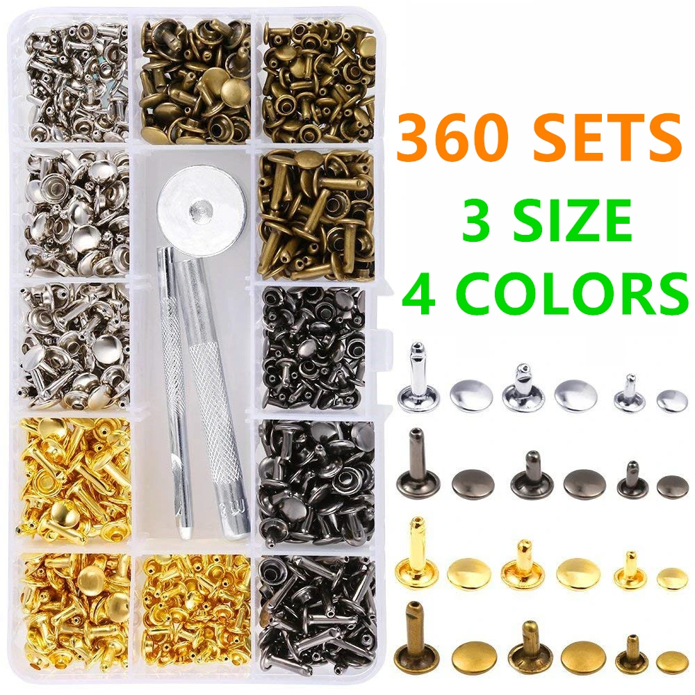 

360 Sets Leather Rivets Double Cap Rivet Tubular Metal Studs with Punch Pliers Fixing Set Tools for DIY Leather Craft Rivets Rep
