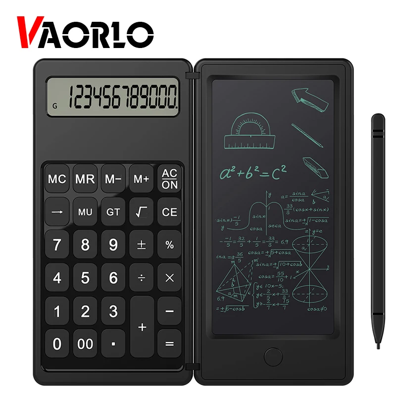 VAORLO Foldable Calculator & 6 Inch LCD Writing Tablet Digital Drawing Pad 12 Digits Display with Stylus Pen Erase Button Lock