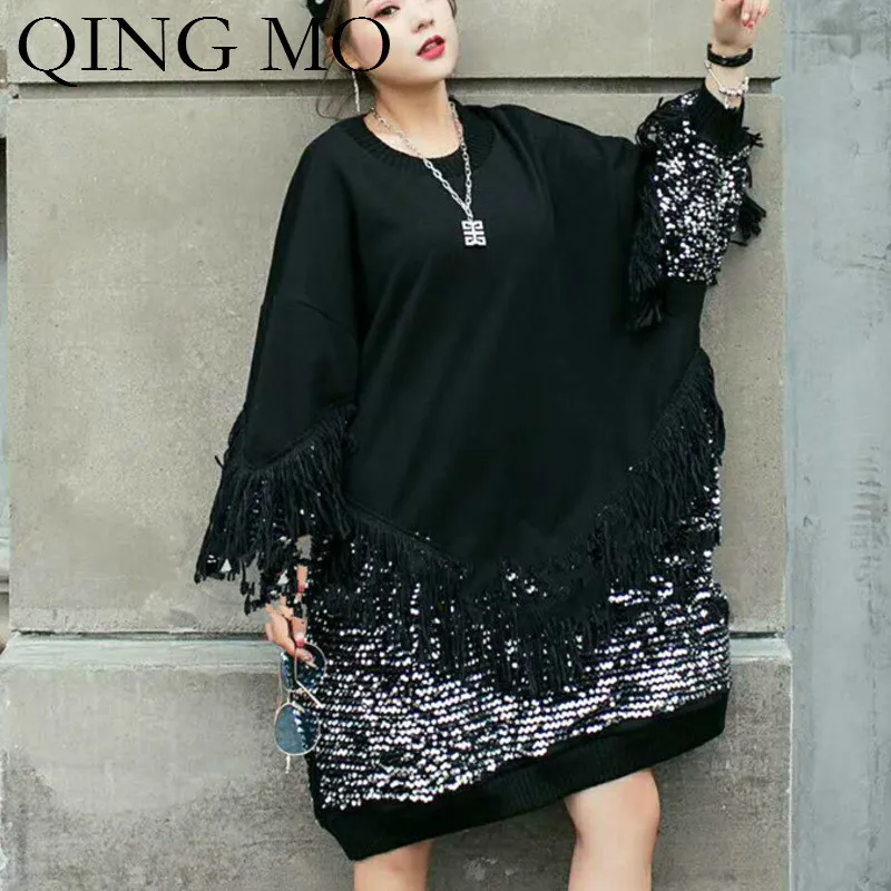 QING MO женское черное однотонное платье с блестками Женский пуловер круглым