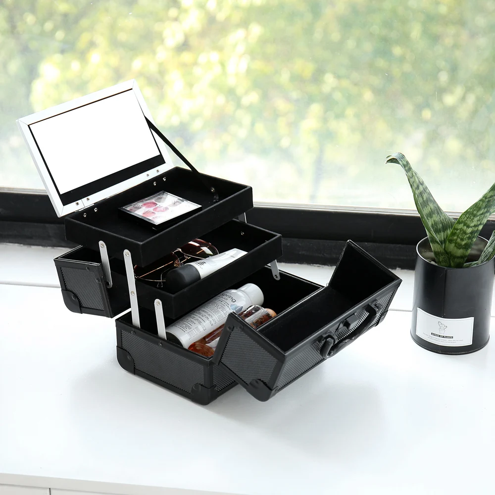 

9 inch Makeup Case Portable Cosmetic Storage Box With Mirror Trays For Home Bathroom And Travel Black Double Open Storage Box