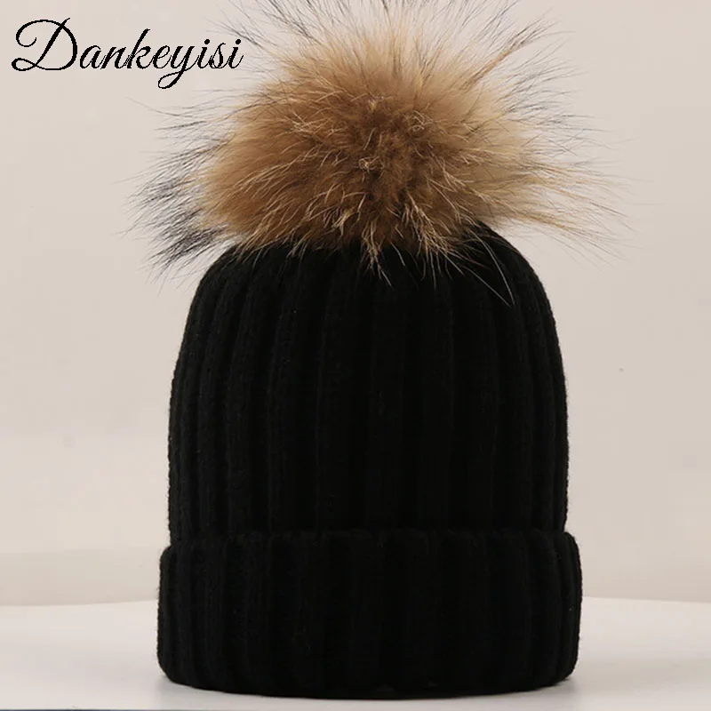 

DANKEYISI Fashion Women hat fur pom skullies Beanies Caps Real Raccoon Fur Pompom Beanie Hats For Women Thick Female Cap