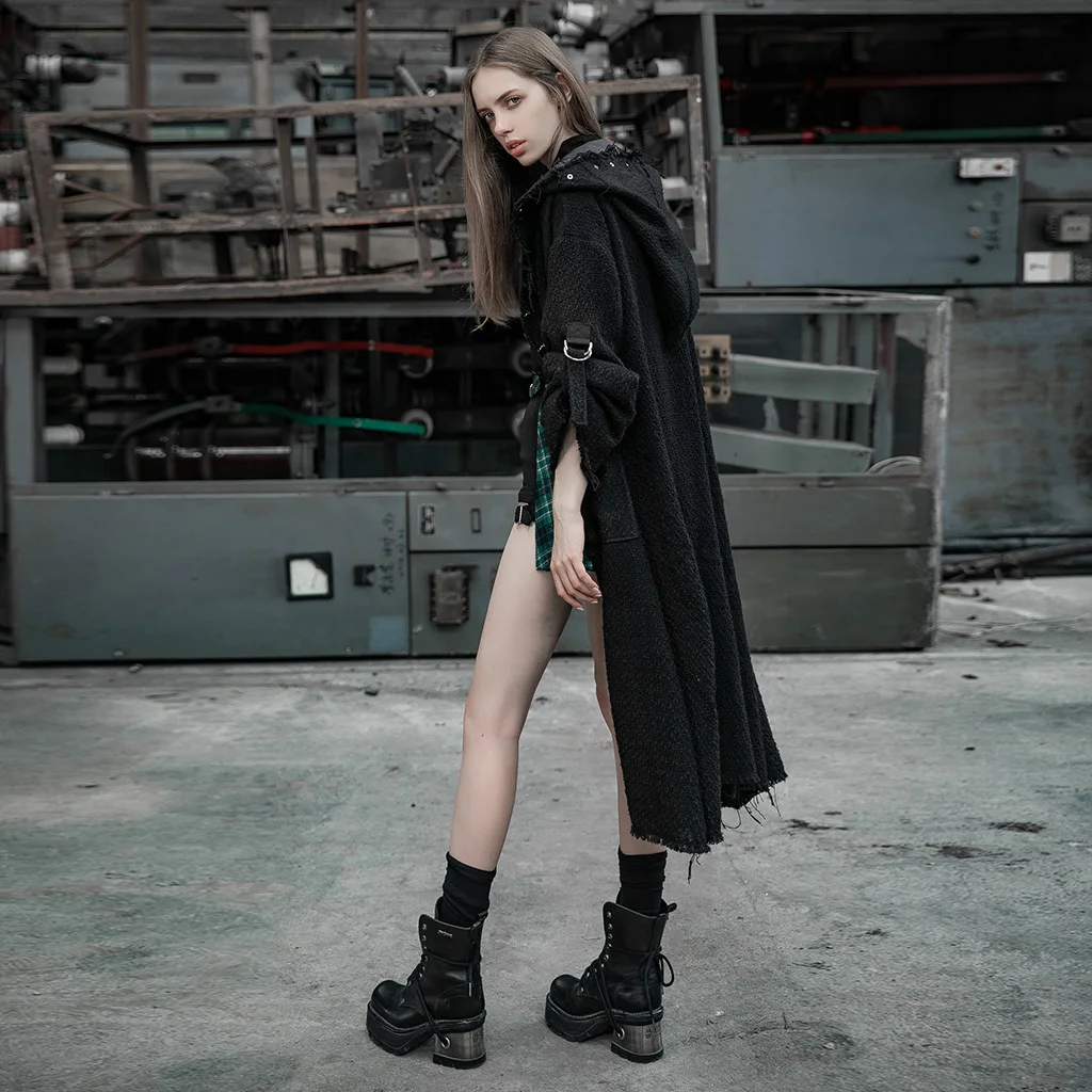 Женское шерстяное пальто с длинным рукавом черное Свободное длинное капюшоном в