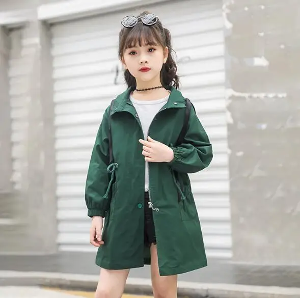 Dark green Плащ для девочек-подростков; сезон весна-осень; Новинка года; куртка с капюшоном для детей 10-12 лет; школьная одежда для девочек; детская верхняя одежда для отдыха - Цвет: Dark green
