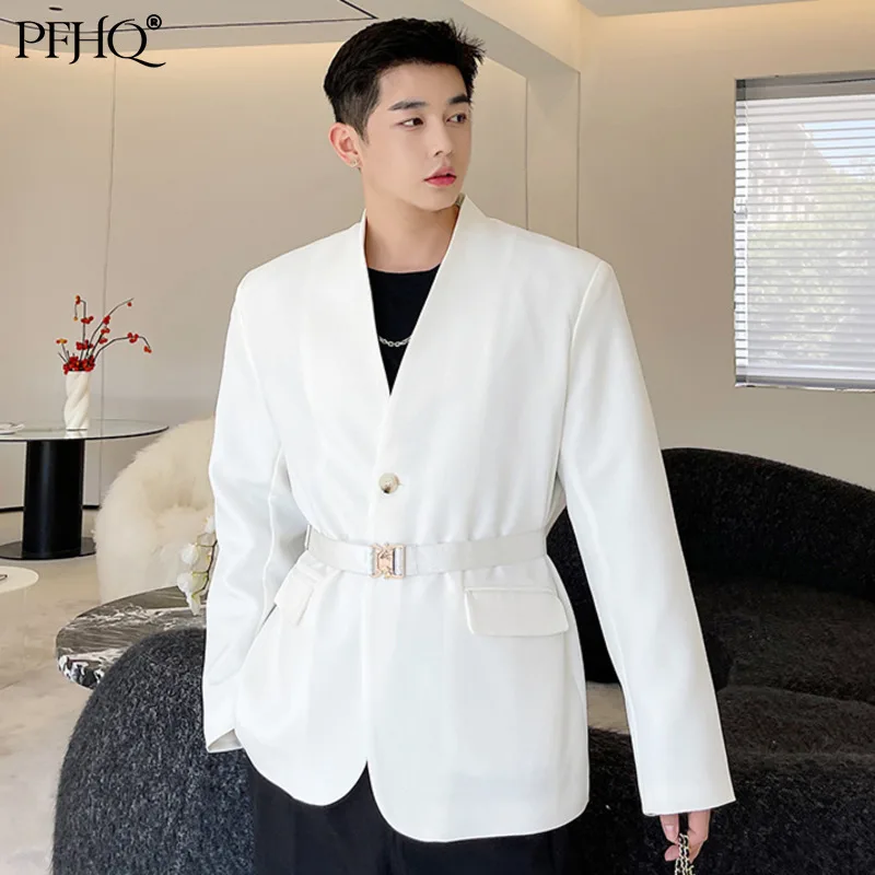 

PFHQ2021 New Men's Fashion Loose Solid Color Personality Simple Design Collarless Korean Blazers With Belt Autumn Winter 21E372