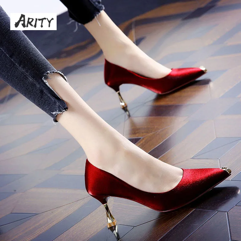 

Women Pumps Metal Pointed Satin Silk Spike High-heel Shoes Office Lady's Wild Banquet Party Wedding Shoes