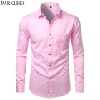 Мужская рубашка на пуговицах, розовая Повседневная приталенная рубашка из бамбукового волокна с длинным рукавом, не требует глажки, не требует складок