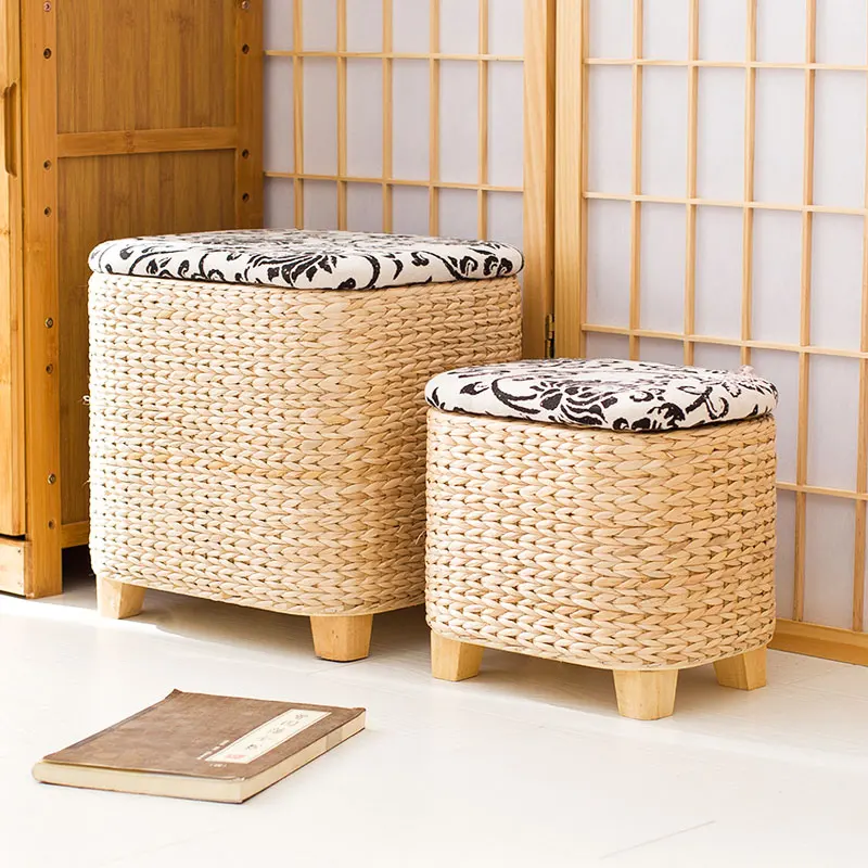 

Handmade Straw Solid Wood Shoe Changing Stool Rattan Storage Stool Can Sit People Storage Dual-use Healthy Clean Foot Stool