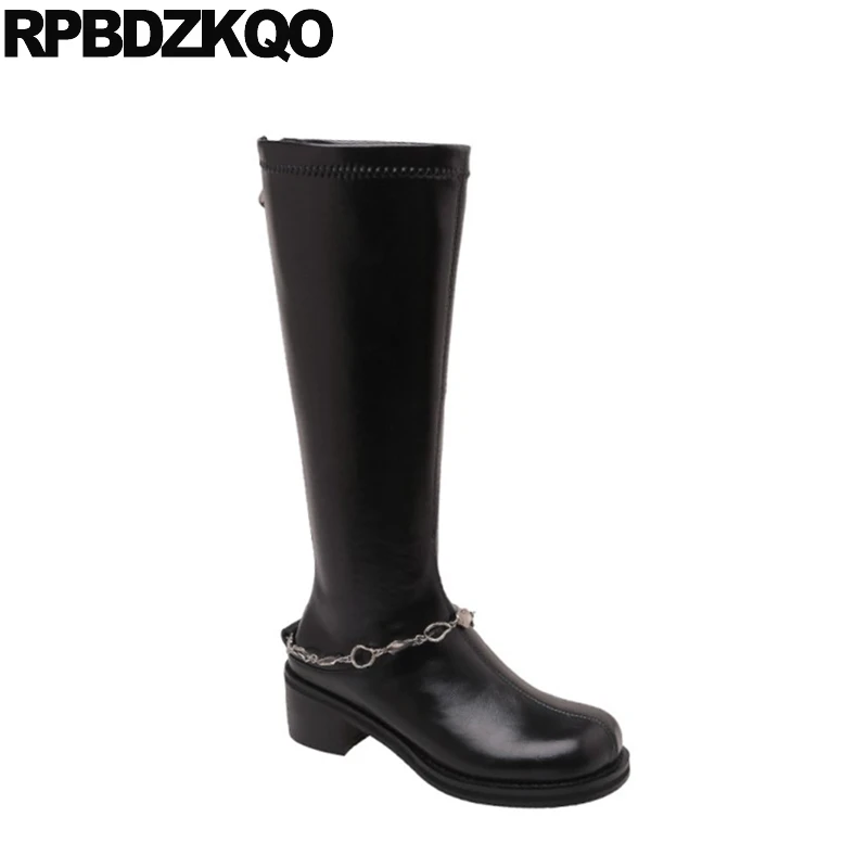 Женские высокие сапоги до колена черные эластичные ботильоны на молнии с