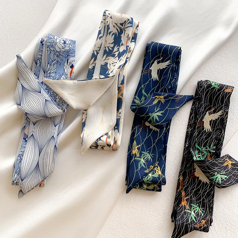 

New Refreshing Literary small silk scarf female hair band slender long strip streamer tied bag belt decorative scarf gift