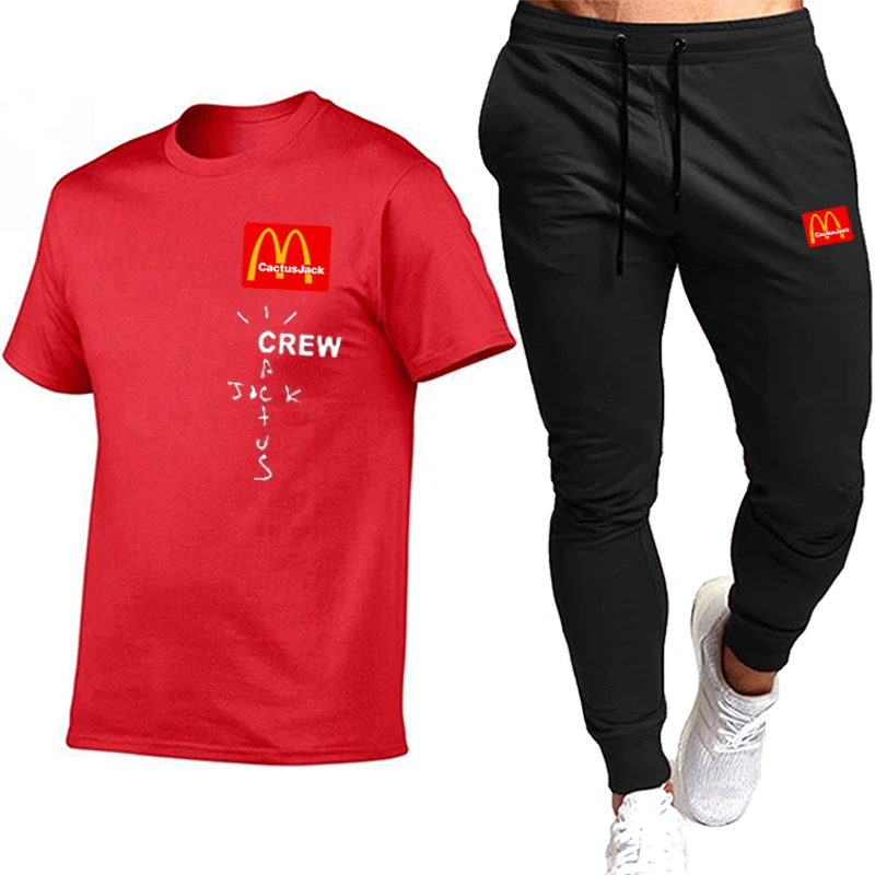 

Men's Sportswear Sets Cotton Quick Drying Gyms Fitness Running Suit Fashion Short Sleeve T Shirts + Jogging Trousers 2pcs