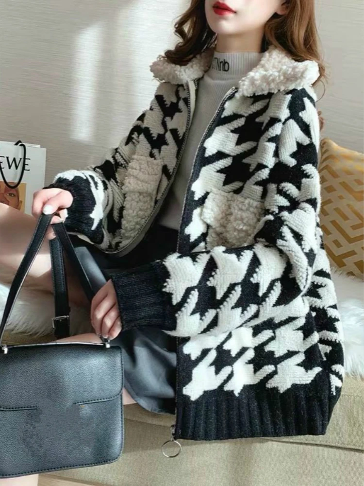 

Women Vintage Houndstooth Knitting Jacket Thick Fur Collar Cardigan Winter Autumn Short Coat