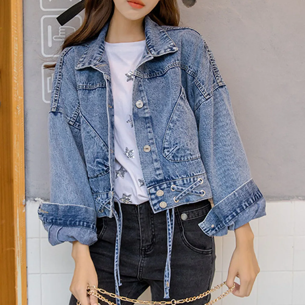 Джинсовая куртка BF Повседневная Свободная джинсовая на шнуровке осень корейский