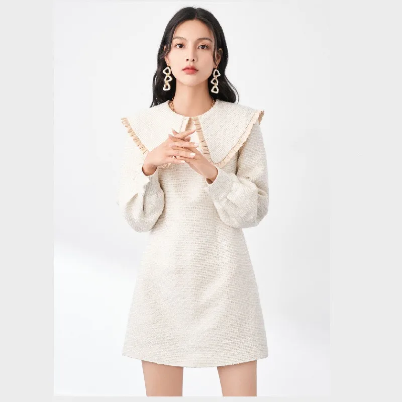 

2021NEW Summer Doll Collar Long Sleeve Women's Dress Knitted Splicing Lantern Sleeve Slim and Thin All-match Women's Short Skirt