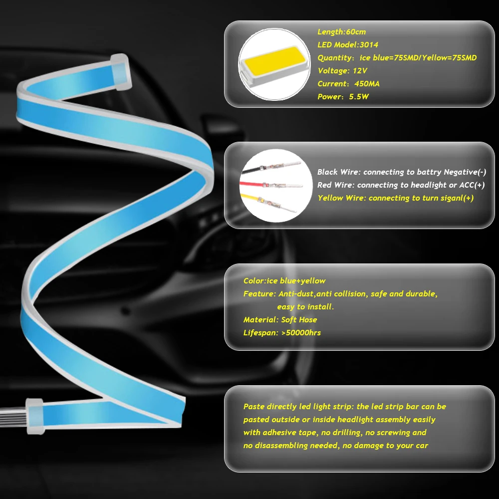 2шт ультра-тонкий Янтарный Белый DRL Дневной ходовой светильник гибкий