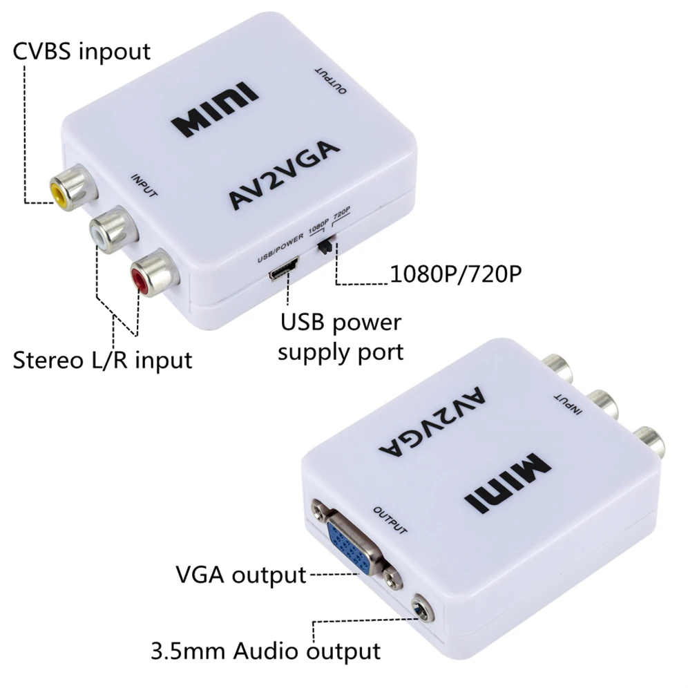 Преобразователь Grwibeou Mini VGA в AV преобразователь AV2VGA с 3 5 мм аудио RCA видео для ПК на
