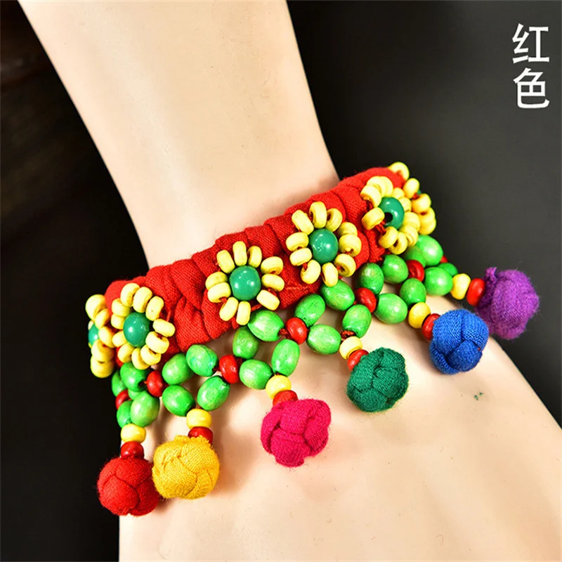 Женский браслет с бусинами и цветами из ткани | Украшения аксессуары