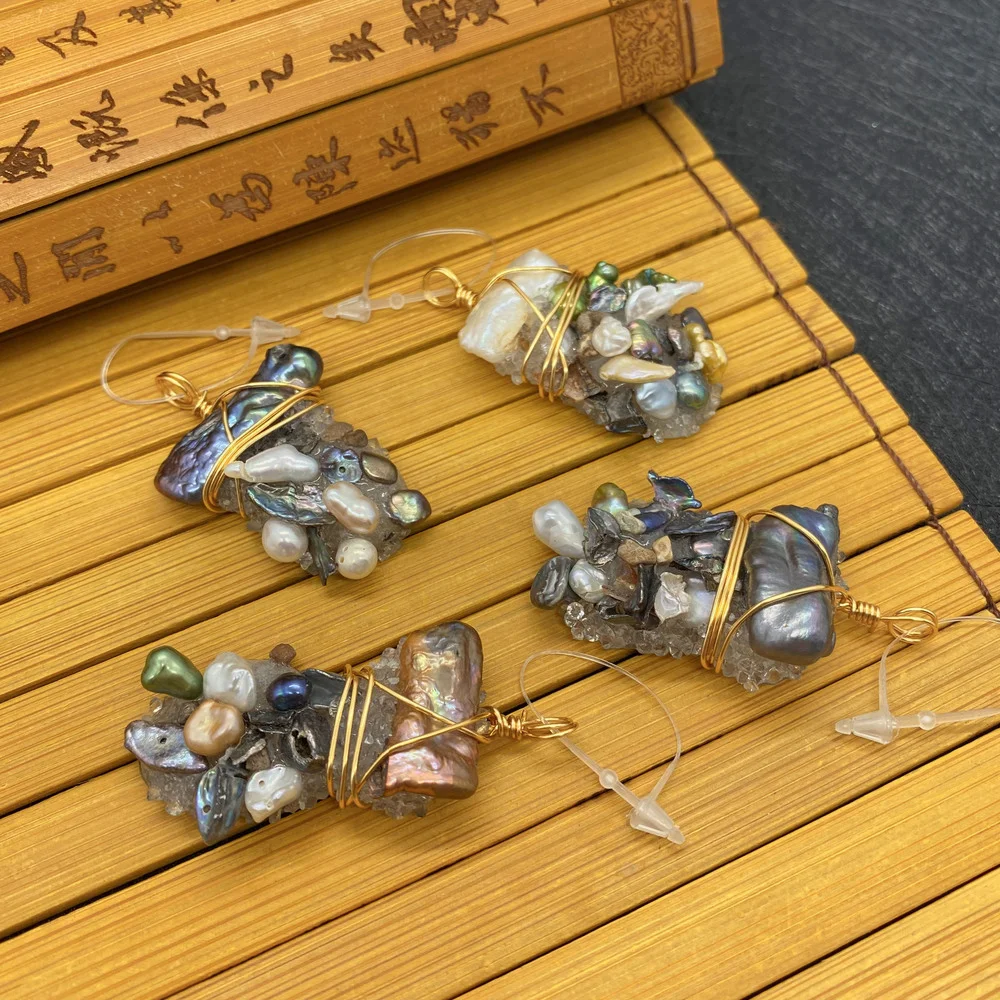 

Natural Pearl Crystal Pendant Irregular Shaped Pearl Inlaid Hand-wound Gold Wire Pendant DIY Making Fashion Jewelry Accessories