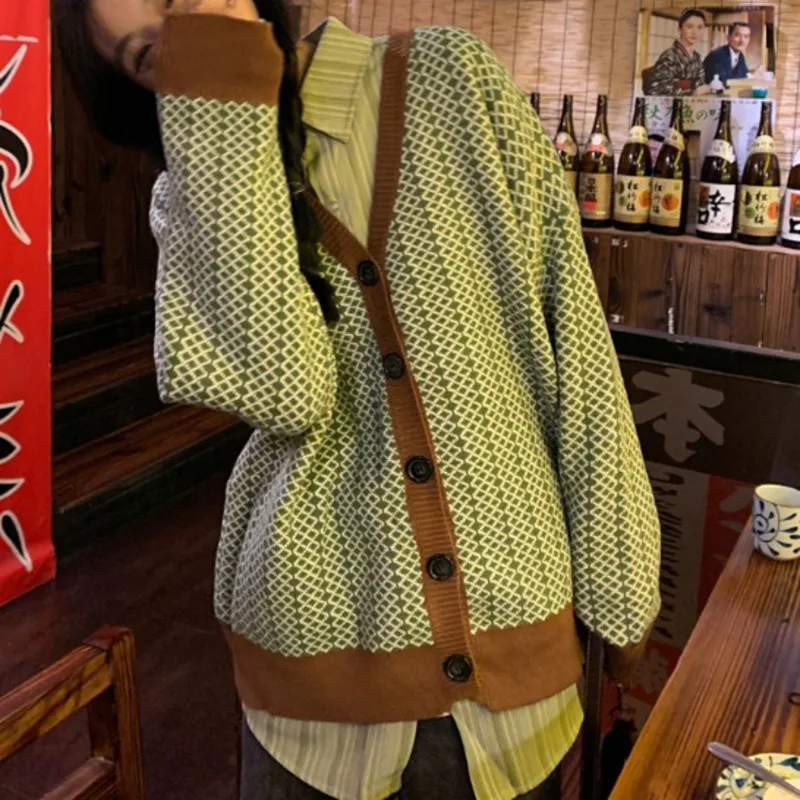 

Контрастный Ромбический свободный свитер с V-образным вырезом, пальто, осенне-зимняя солевая одежда с длинным рукавом, свитер для женщин