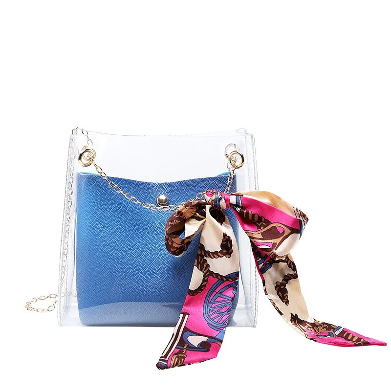 

Fashion PVC Transparent Women Crossbody Bag PU Leather Scarf Chain Ladies Small Shoulder Bag Female Clutch Purse Messenger Bag