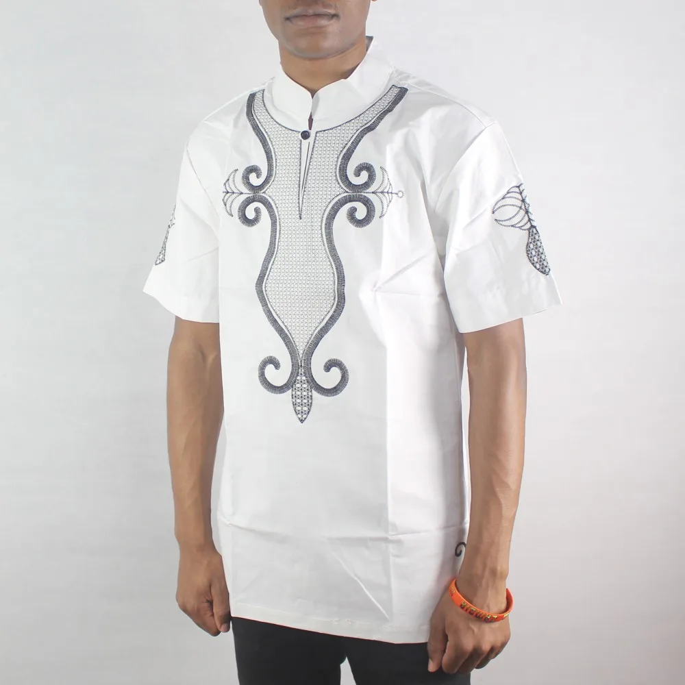 White Lucky Embroidery Men`s Ethnic Tops Collar Short Sleeved Muslim Shirts for Male Summer Wearing Футболка мужская