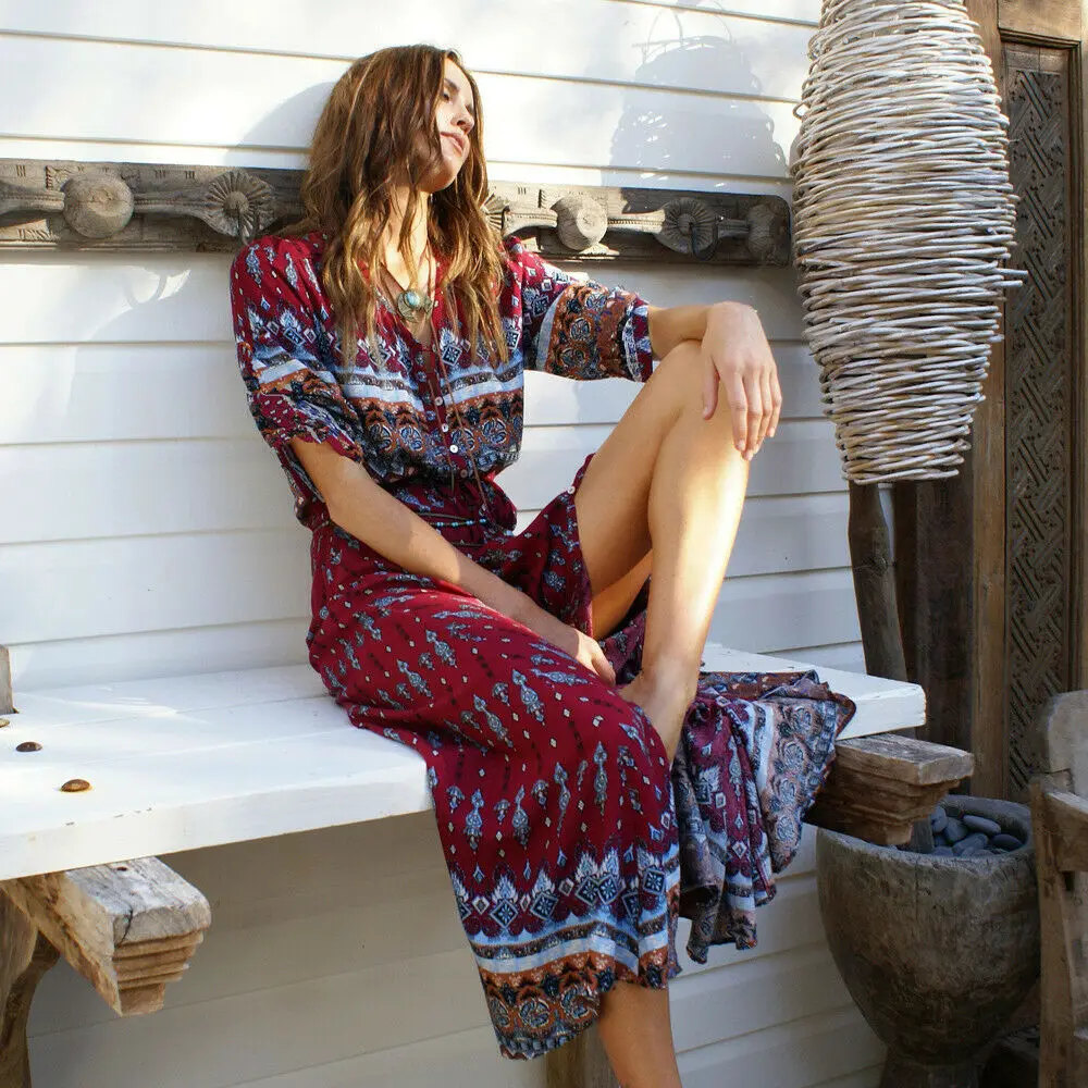 

Women Summer Bohemian Tunic V-Neck Floral Party Beach Long Maxi Dress Sundress