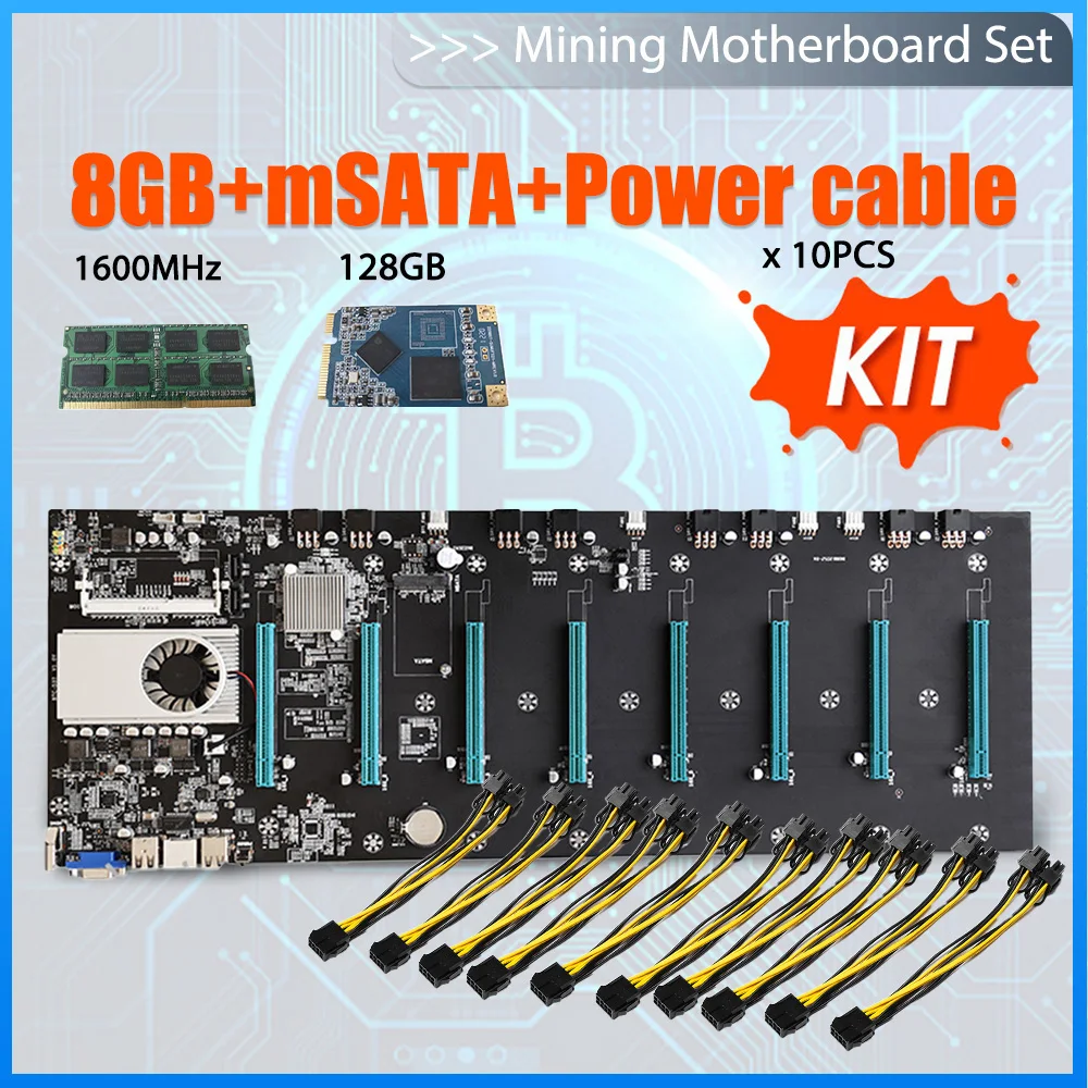 

BTC-S37 Riserless Mining Motherboard 8 GPU Bitcoin Crypto Mining Set with 8GB DDR3 1600MHz RAM 1037U 128GB mSATA SSD Power Cable