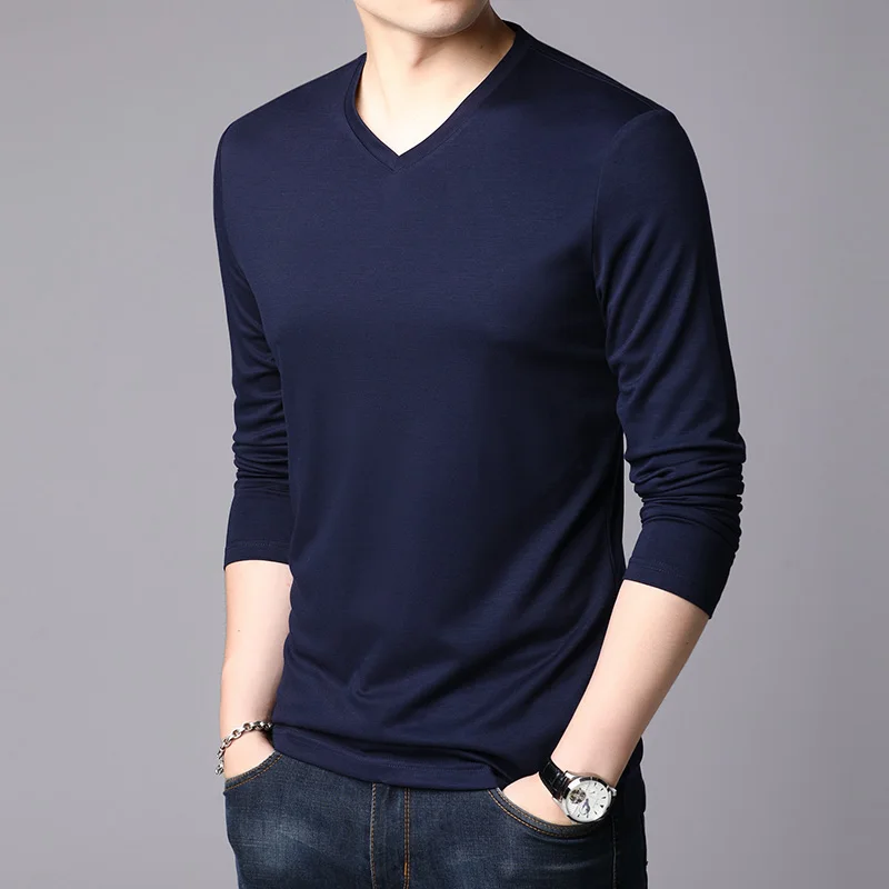 

male 2021 new spring autumn tops tees fashion men's clothing V-neck long-sleeved T shirt 2032