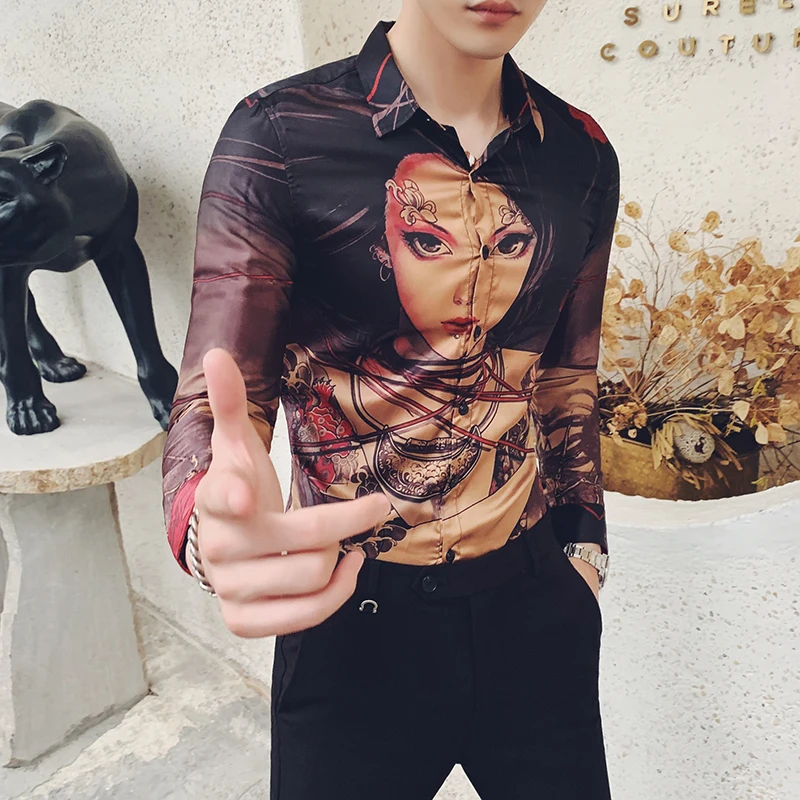 

New style of autumn dress for young men in society in 2019 with personality printing and long sleeve shirt men C105-P58
