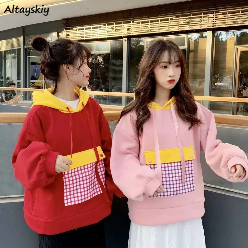 

Hoodies Women Ladies Sweatshirts Daily Teens 2020 Thickening Adult Stylish Patchwork Korean Style Hooded 4 Colors Pocket Autumn