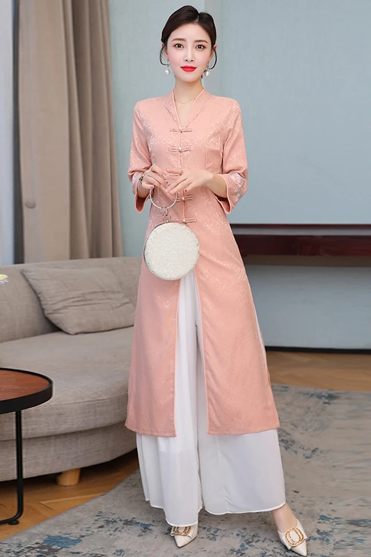 

COIGARSAM Cheongsam Embroidery Women Long dress Spring Summer Vintage Dresses Light Green Single White All 8890