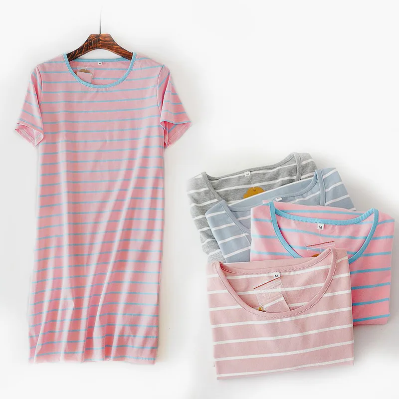 Летние ночные рубашки милые трикотажные хлопковые полосатые пижамы с короткими