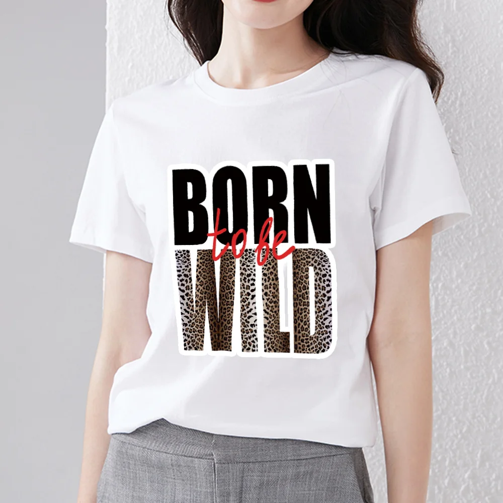 

Summer Street Simple Round Neck Ladies Letter Leopard Print T-shirt Comfortable Solid Color T-shirt Casual Ladies Short Sleeves