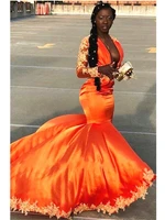 orange mermaid prom dress long sleeve deep v neck appliques lace satin floor length formal evening party gown 2019 fashion