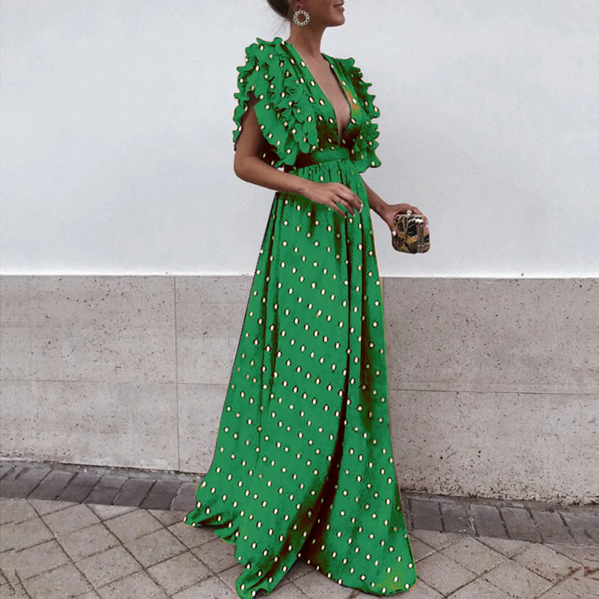 Женское пляжное платье в горошек шифоновое макси стиле пэчворк с v-образным