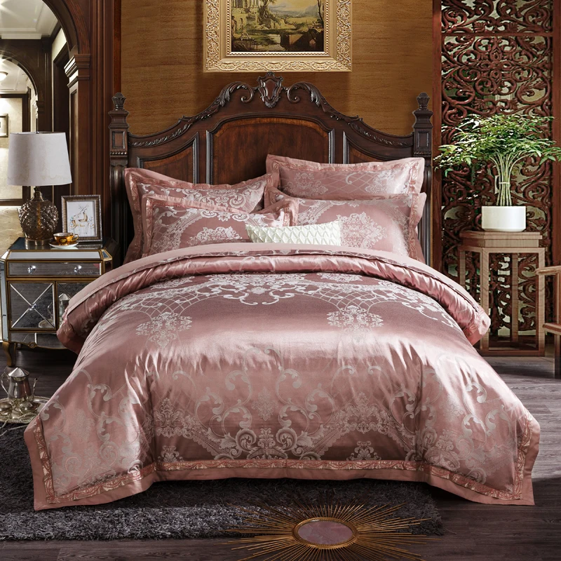

Svetanya Pink Golden European Satin Silk Cotton Linens Jacquard Bedding Set Queen King Size Bedsheet Duvet Cover Pillow Sham