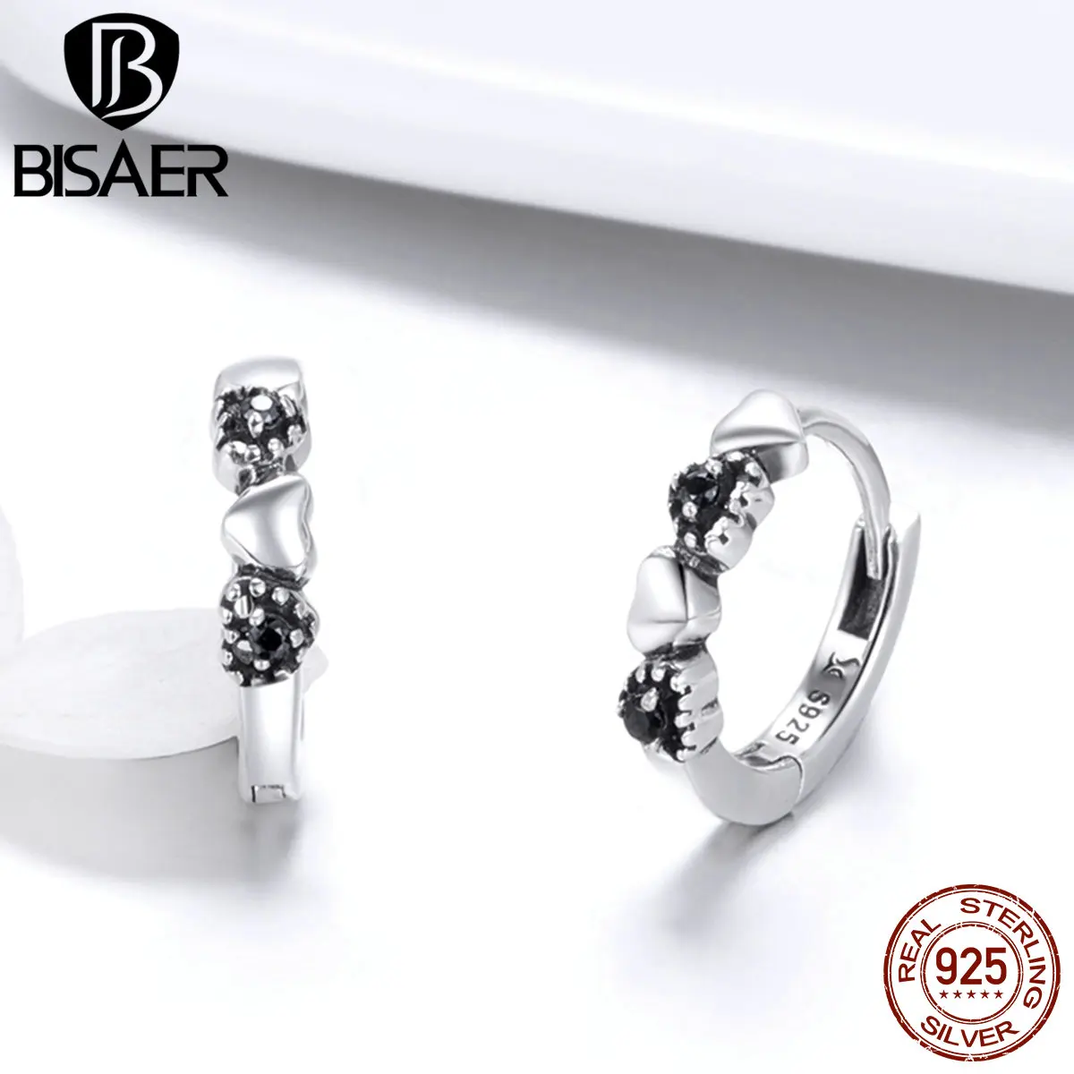 Серебряные серьги кольца BISAER 925 пробы с сердечками для свиданий кристаллические