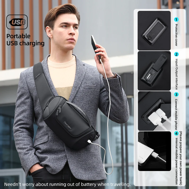 

Fenruien 2021 New Crossbody Bag For Men Watertproof Male Shoulder Bag USB Charging Messenger Chest Bags Fit for 9.7 Inch iPad