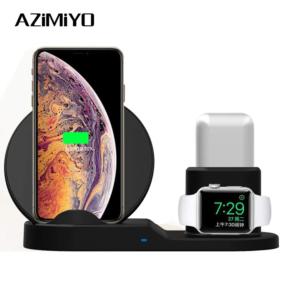 AZiMiYO Беспроводное зарядное устройство 3 в 1 зарядная станция Подставка для Airpods iPhone X XS XR 11 Pro MAX 8 быстрая Беспроводная зарядная док-станция