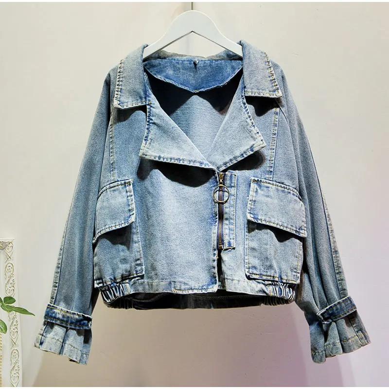 Женская джинсовая куртка-бомбер размера плюс с отложным воротником на молнии 5XL