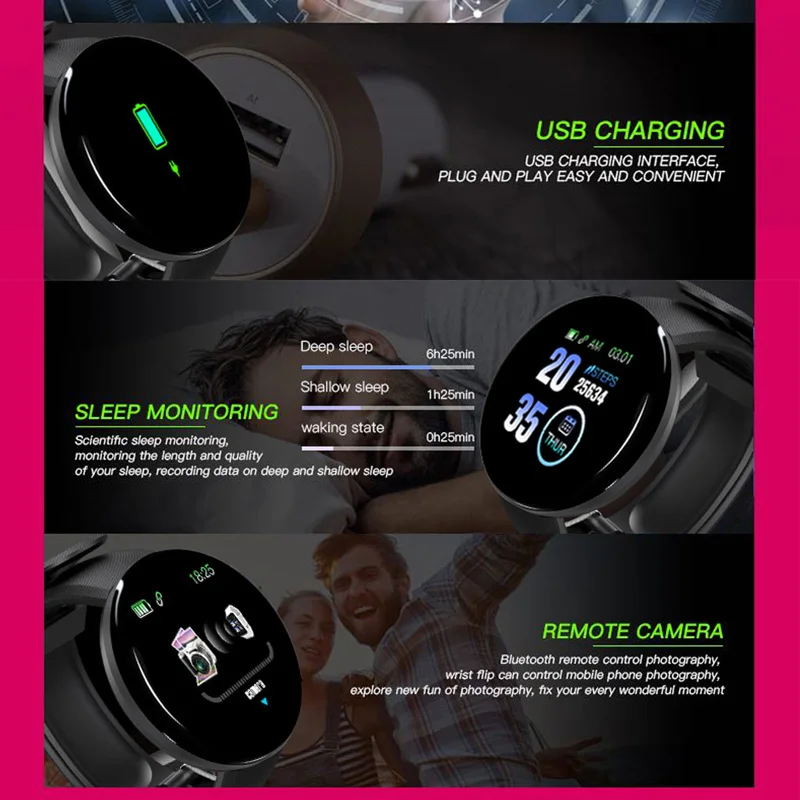 d18 smart watch blood pressure heart rate monitor waterproof bluetooth round fitness tracker smart band bracelet pk d13 d20 y68 free global shipping