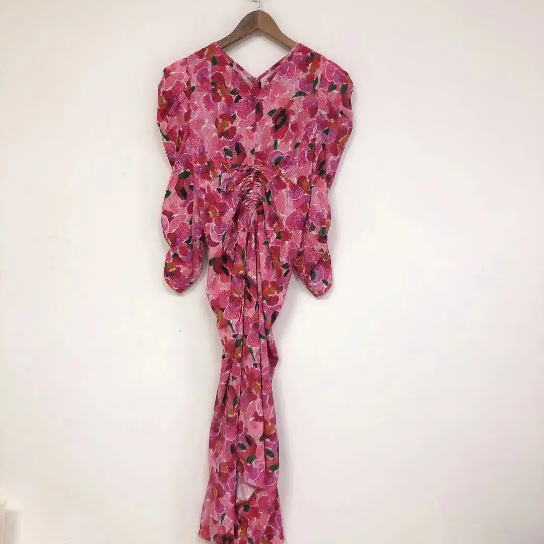 

Women Dress 2021 Summer New Floral Printed Waist Slim Thin Pleated Jacquard Dress