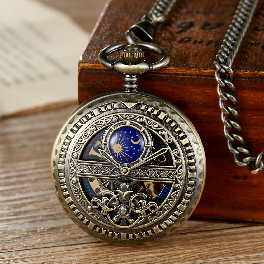 Retro Zodiac Design Men Women Pocket Watch Antique Hollow Mechanical Watches Bronze Clock Lucky Necklace Pendant Gift Fob Chains