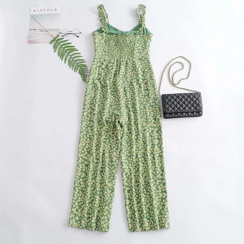Женский цветочный комбинезон с широкими штанинами уличный повседневный принтом