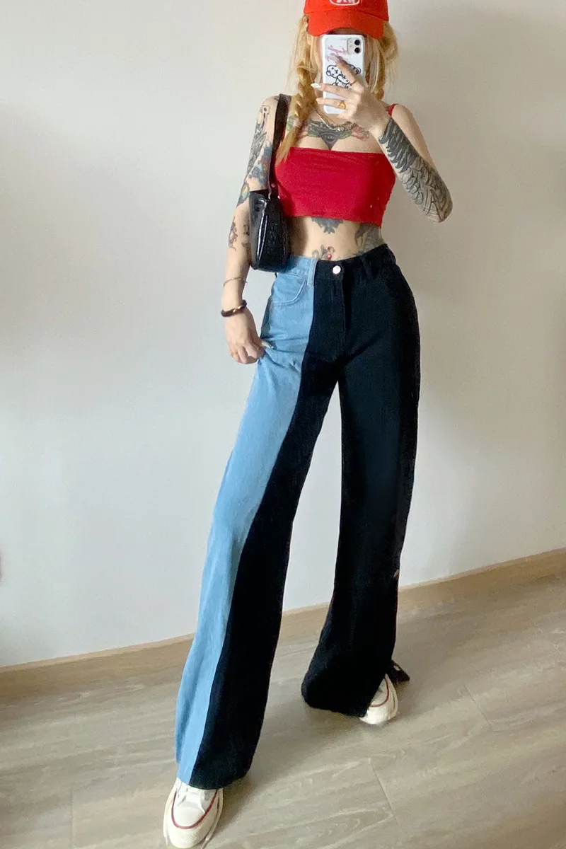 

Fashion Pocket Two-color stitching Women's Jeans Streetwear High Waist Loose Wide legs Vintage Straight Harajuku 2020 Denim Pant