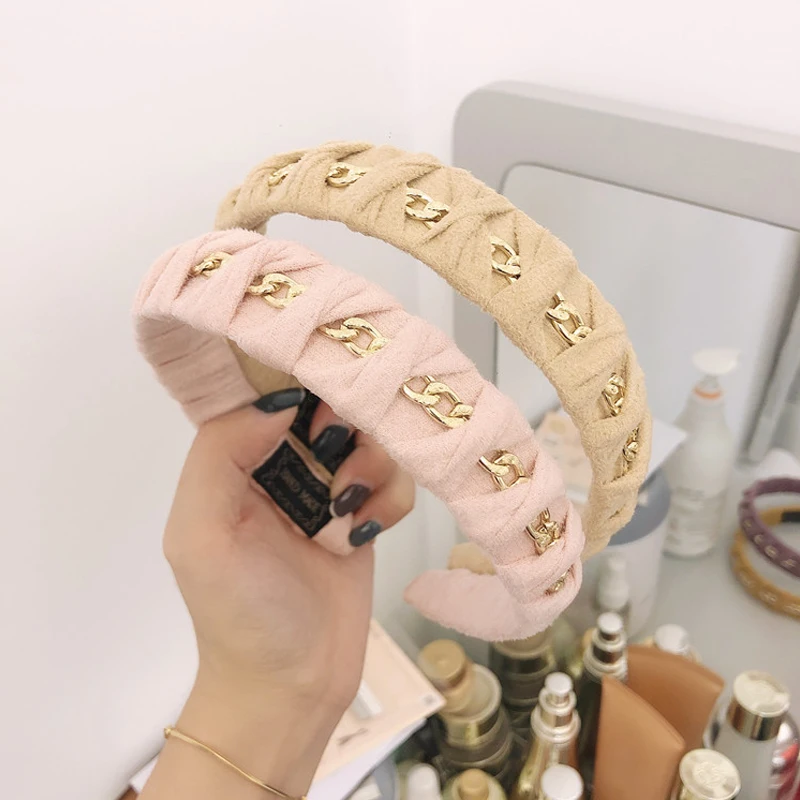Модная плюшевая тканевая повязка на голову для женщин золотая металлическая