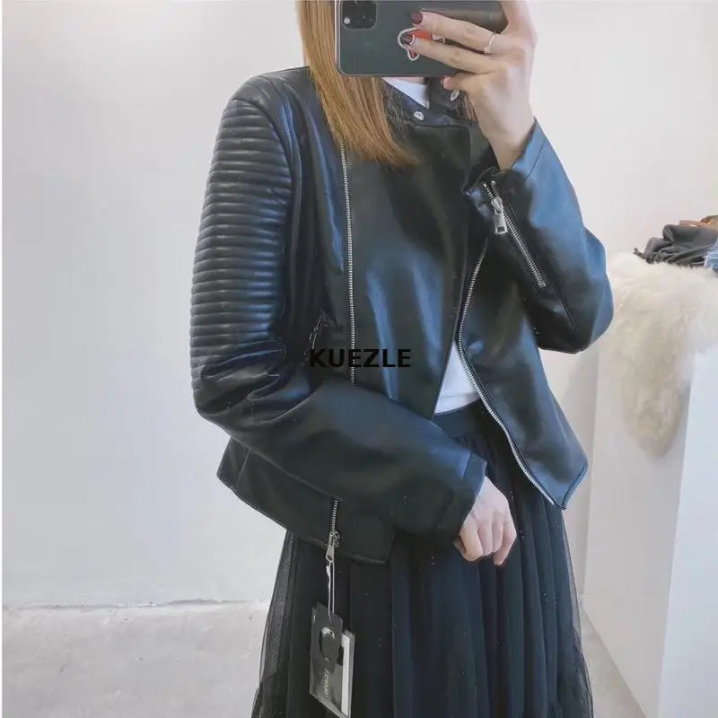 

Stripe elegant women leather jacket coat 2020 spring and autumn fashion zipper coat coat woman black PU leather jacket Overcoat