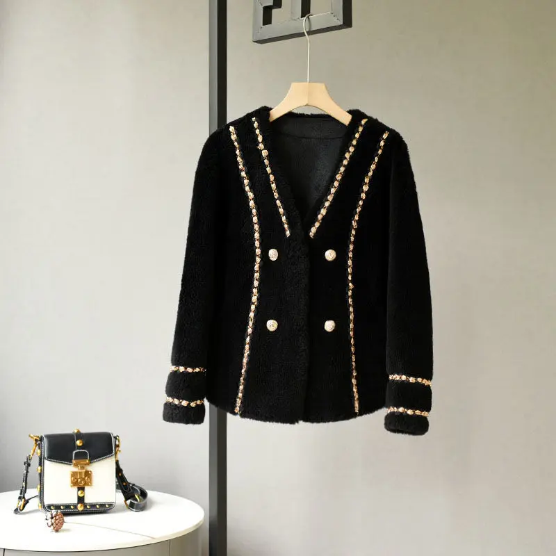 

2022 Women Winter New Sheep Shearing Warm Coats Female Short V-neck Real Wool Jackets Ladies Solid Color Loose Overcoats S113